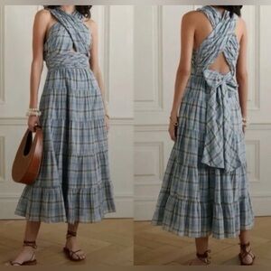 EUC ULLA JOHNSON Noelle Blue Plaid Cross Back Maxi Dress Slate Cornflower Linen